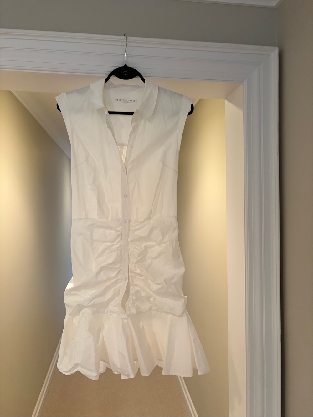 Veronica Beard White Sleeveless Ruched Shirt Dress